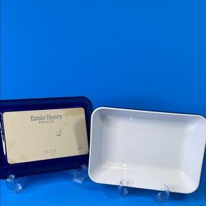 Emile Henry rectangular baking dish in blue and white.